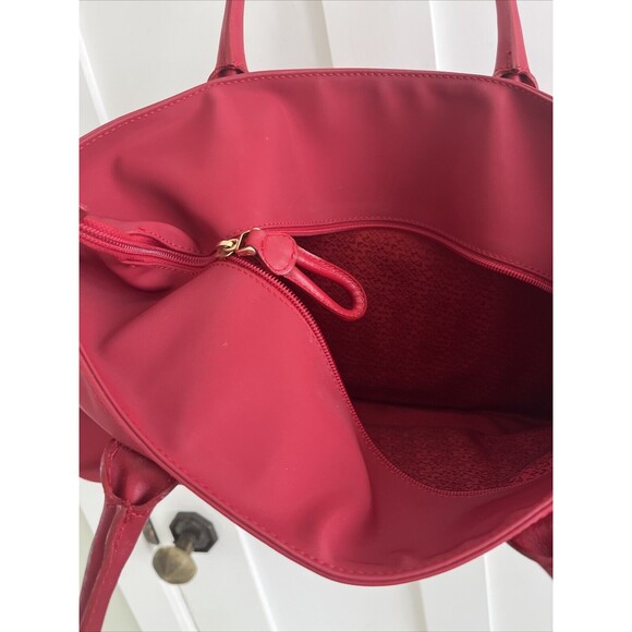 VGUC Lancel Authentic Red Nylon & Leather Bag Zip Top Shoulder Handbag Tote - Picture 9 of 15